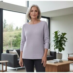 Eileen Fisher Sweater Womens Medium Lavender Ribbed Organic Linen Side Slit